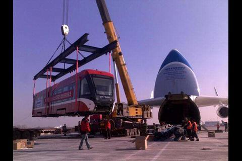 CNR Tangshan tram for Samsun being loaded onto the Antonov Airlines An-225 Mriya aircraft.